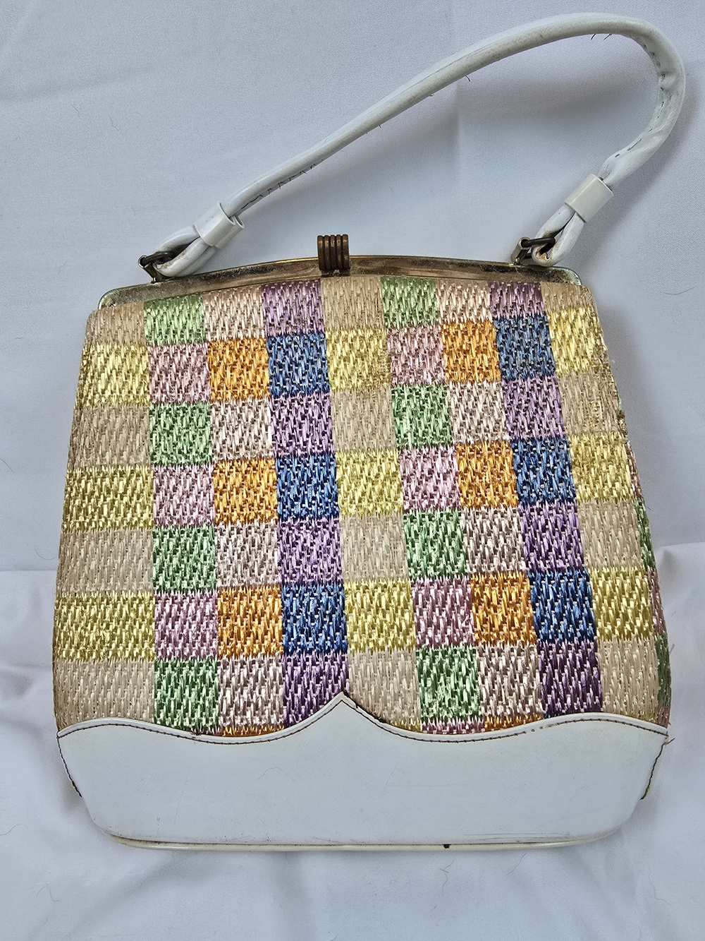 Vintage Multicolor Woven Check Shoulder Bag with White Trim